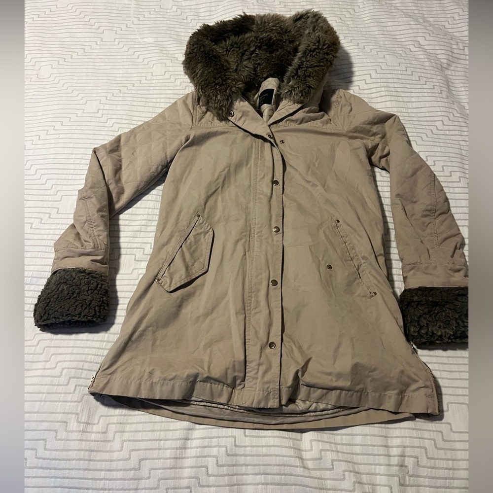 Zara XS Women's Tan Jacket - Removable Faux Fur hood, jacket and cuff inserts